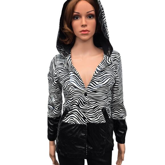 Dollhouse Hooded Rain Jacket Zebra Animal Print Elbow Patch S/M Black White - Picture 1 of 11